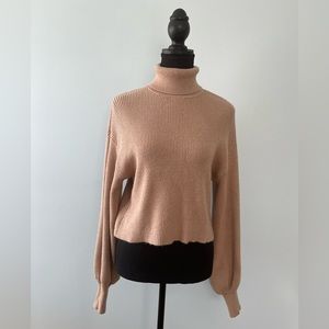 Turtleneck Camel Cropped Sweater, Dropped Shoulder